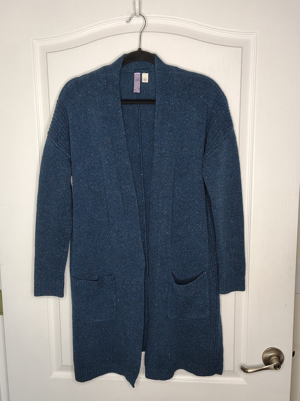 Women’s Open-Front Blue Color Speckled Longline Knit Cardigan